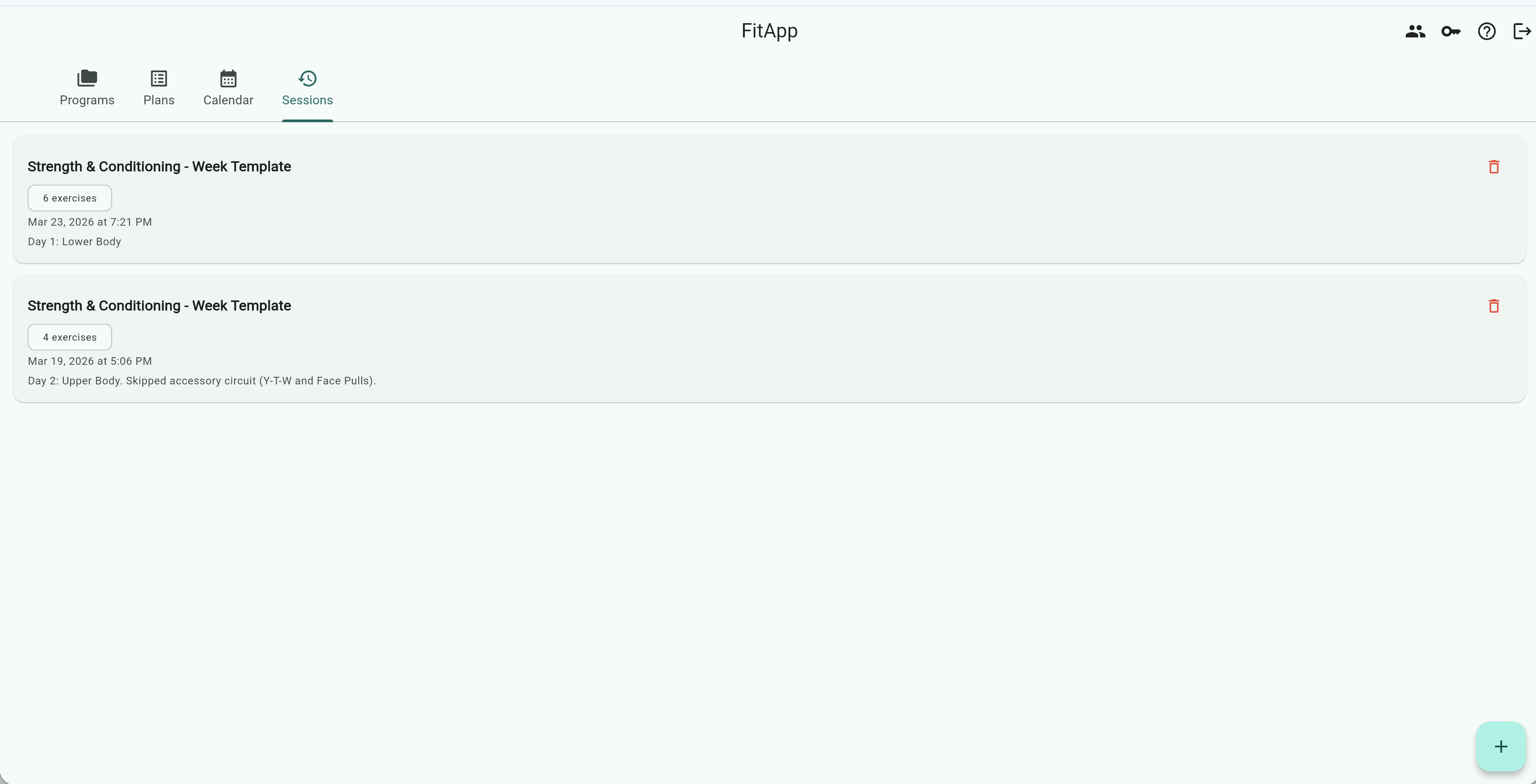 FitApp Sessions View