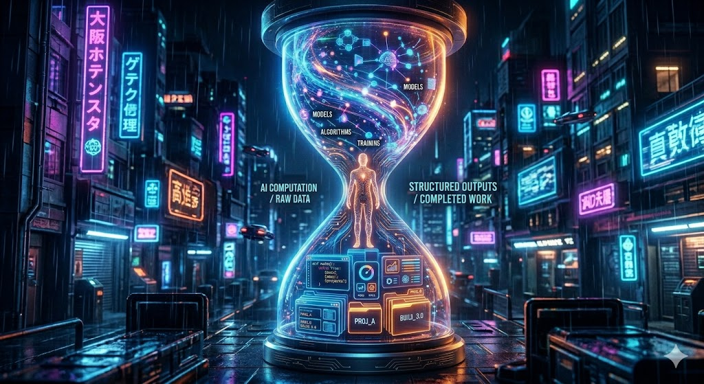 AI computation flowing through an hourglass into structured outputs