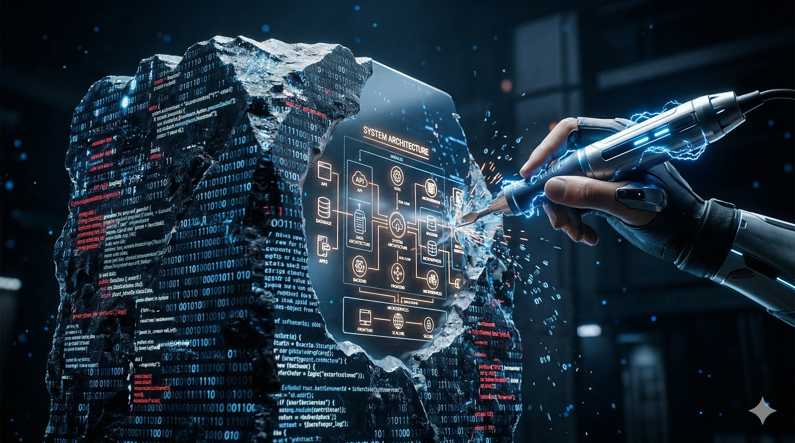A marble block being chiseled to reveal clean code architecture — the shift from additive creation to subtractive refinement